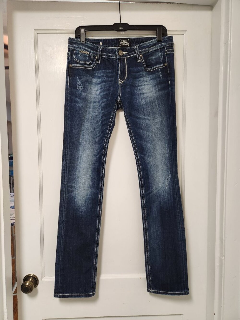 Rerock For Express Skinny Denin Jeans Distressed Dark Wash Whiskered - Size 10R